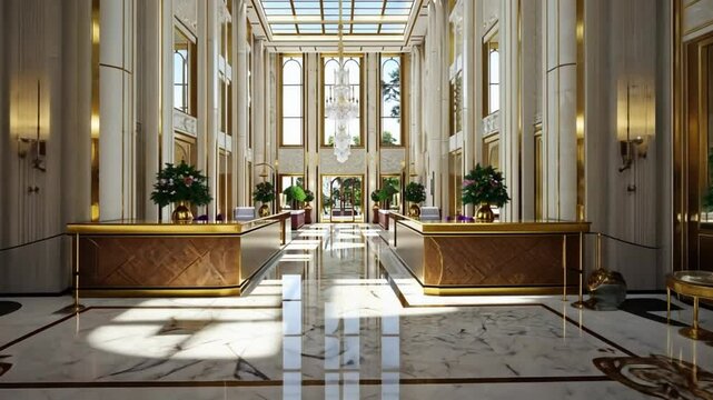 Modern grand hotel lobby interior with elegant decor and rich furnishings over a marble floor in a sunlight setting