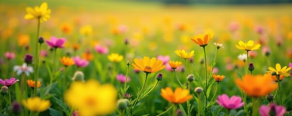 Obraz premium A colorful field of yellow and pink wildflowers in full bloom, field, wildflowers, clover