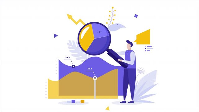 Data analysis using 2D flat character animation. Characters work with graphs, charts, and analytical tools to analyze data in a simple, engaging style.