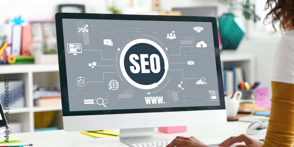 Poster seo search engine optimization for brisk e-commerce and online retail business showing on computer s