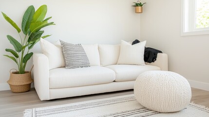 Cozy living room interior design, beige sofa, knitted ottoman