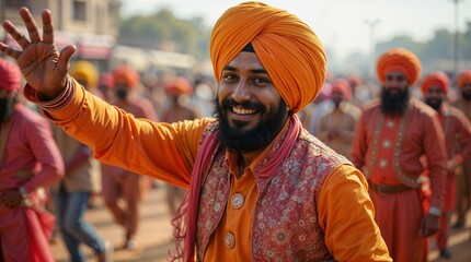 Obraz premium Young Sikh Man in Traditional Punjabi Attire Performing Bhangra at Camel Festival