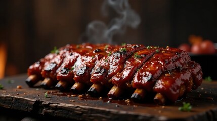 Delicious BBQ Spare Ribs, Glazed and Perfectly Cooked on a Rustic Wooden Board, with Hints of Fresh Herbs and a Smoky Background