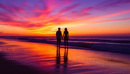 Couple Silhouetted Against Vibrant Sunset Ocean Beach