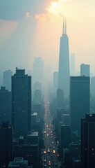 Naklejka premium Dense fog blankets a polluted city, sunlight filters through towering structures , contrast, pollution problem