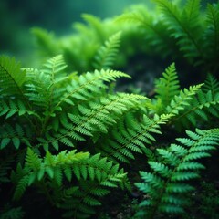 Soft mossy ferns in a soothing blue-green hue, background, foliage, ferns