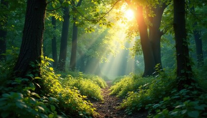 Naklejka premium sun casting dappled light through tangled vegetation, dappled, shadows, forest