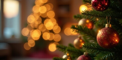 Obraz premium Abstract gold bokeh on blurred Christmas tree, festive glow , seasonal, concept