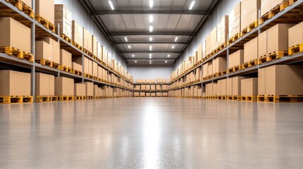 Fototapeta premium Spacious Warehouse Interior with Organized Box Storage and Pallets