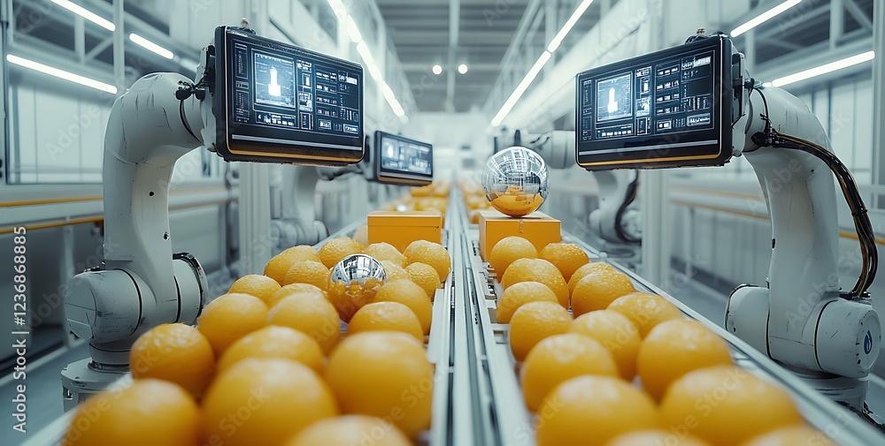 Poster automated fruit sorting system in a modern factory with robotic arms and conveyor belts.
