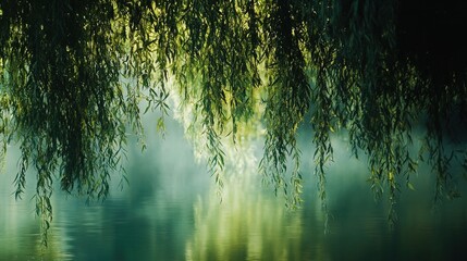 A serene landscape featuring drooping willow branches hanging gracefully over a still, reflective body of water. The scene is enveloped in soft mist, creating a peaceful and tranquil atmosphere. Sunli