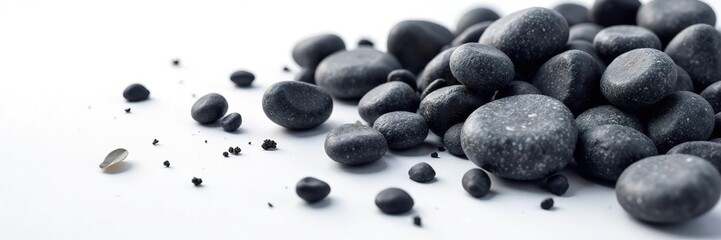 Dark gray granite pebbles scattered on a clean white surface, earthy, stone