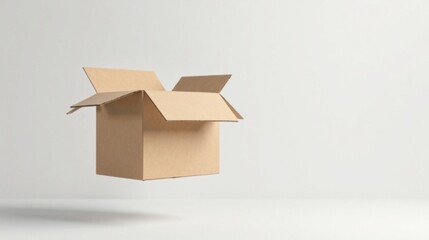 Empty Cardboard Box Floating Against a Plain White Background, Ready for Packaging and Delivery