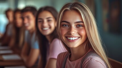 Obraz premium Portrait of a young woman with a genuine smile, her blonde hair cascading down her shoulders. She is sitting with a group of friends, their joyful
