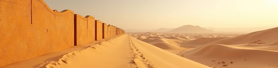 Sandy dune wall sits in front of massive distant crater, dune, hill