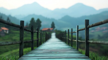 Fototapeta premium Serene wooden path leading to distant mountains.