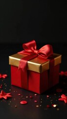 Red and gold foil gift box on black background, gold, red