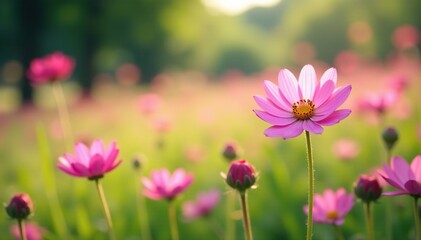 Obraz premium Soft focus on pink flowers blooming in a lush meadow, pink flowers, pastel, meadow