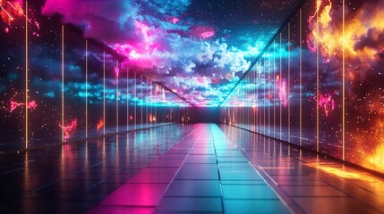 A vibrant and surreal hallway illuminated with glowing pink and blue lights, featuring walls adorned with dynamic cosmic patterns, swirling clouds, and abstract designs. The floor is glossy and reflec