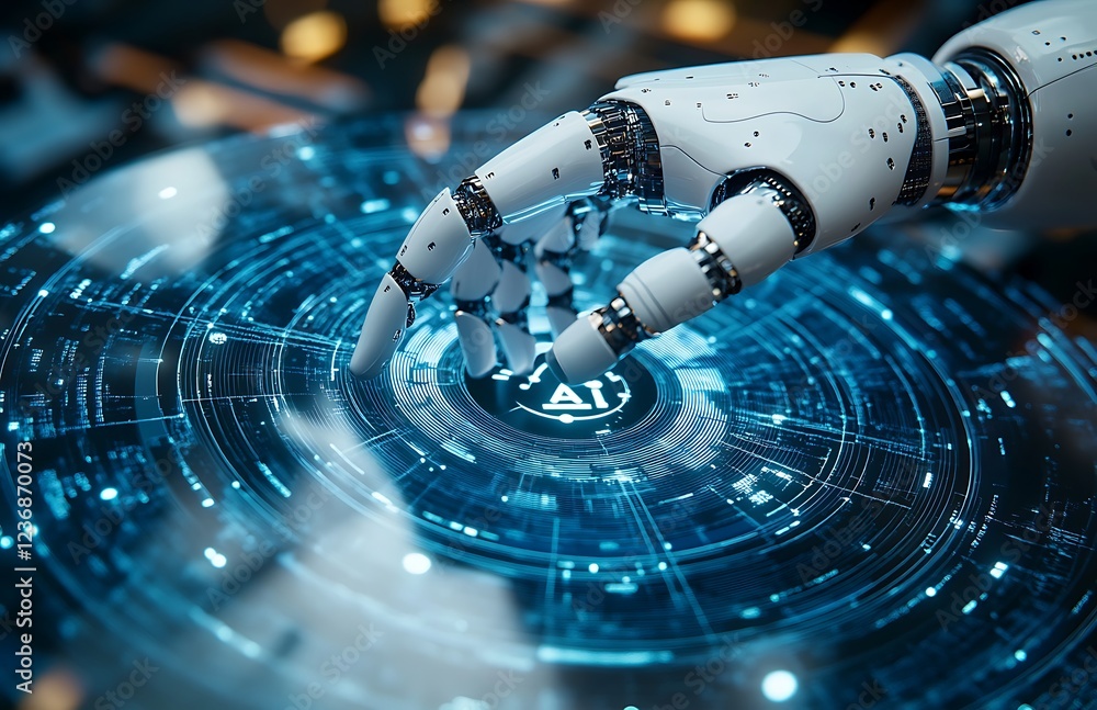Poster robotic hand interacts with a futuristic ai interface, activating intelligent technology.