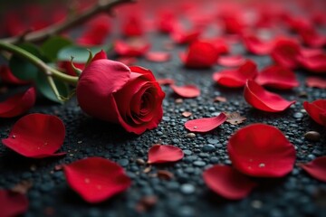 Red rose petals scattered on black ground with fallen branches, fall, earthy