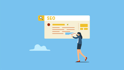 Employee completes the missing part to optimize website URL to rank 1 search bar. SEO, search engine optimization to help website achieve top rank in search results page, to promote or  communication.