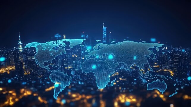 Smart City Concept with Digital World Map Overlay at Dusk - Free Stock ...