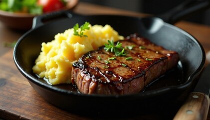 beef steak and mashed potatoes in a cast iron skillet, oven, cast iron