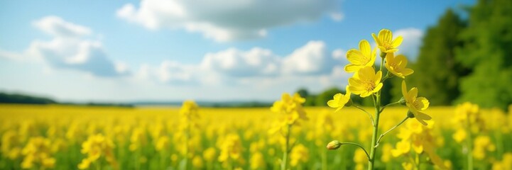 Obraz premium Bright yellow oilseed rape flowers blooming in a field, garden, flowers, nature