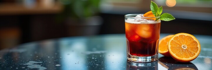 Frosted glass table with ice black orange coffee cocktail, Black Coffee, Beverage