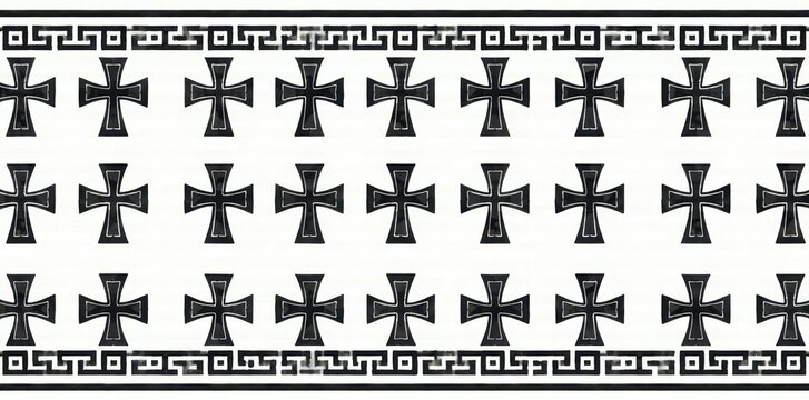 Bold black Greek crosses on white, repeating tileable design High contrast, sharp lines , interior design, pattern
