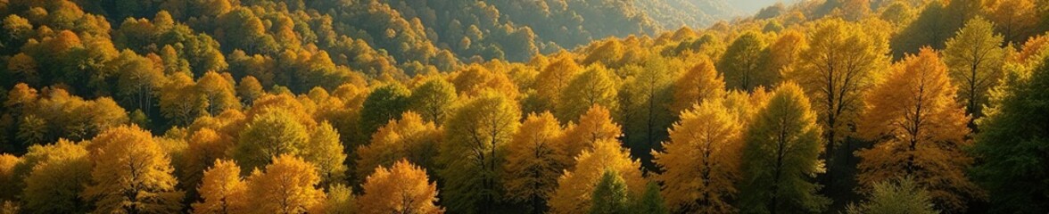 Naklejka premium Dense canopy of trees in autumn glory with yellow and light green leaves, autumn forest, dense canopy, fall landscape