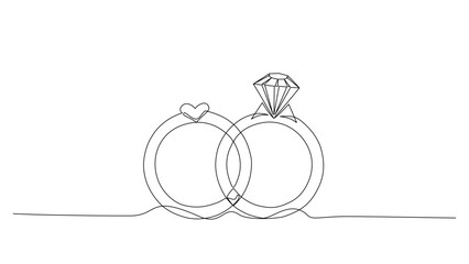 Two intertwined wedding rings in a continuous one line vector. One has a diamond, the other a heart, symbolizing love and commitment. Minimalist, elegant, Editable stroke.