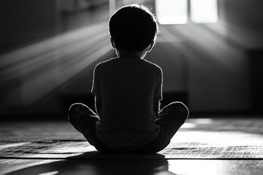 Child meditating in sunlight indoor space black and white image calm environment rear view inner peace reflection