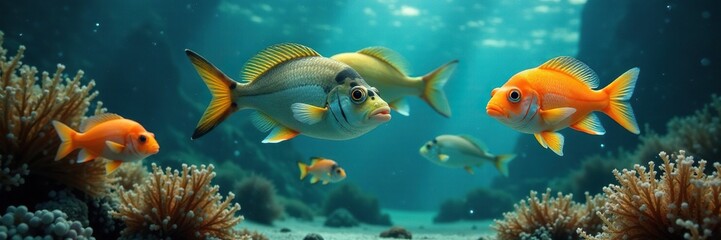 Naklejka premium Einige Augen in einem Auge mit einem kleinen Meerwasser-Fisch, meewasserfische, unterwasser