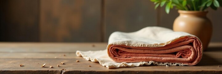 Folded piece of cloth on a wooden table with a vase, natural fiber, rustic decor