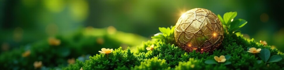 Fototapeta premium Ornate gold sphere nestled among lush greenery, sparkle, luxury