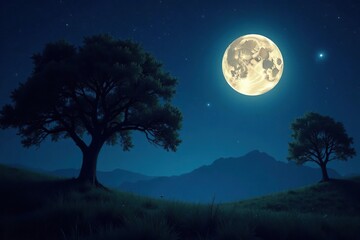 Nighttime scene with full moon and sparkling stars amidst a grove of ancient trees, nighttime, moonlight