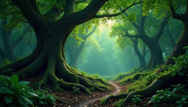 Moody forest landscape with twisted tree roots and vines, , ancient