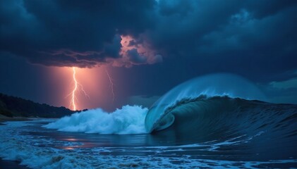 Naklejka premium Darkening sky with stormy clouds and lightning illuminates the oncoming wave, severe weather, stormy weather, cloud formations