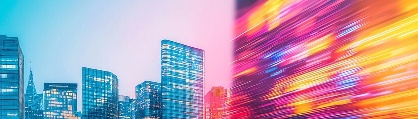 Vibrant city skyline with blurred lights at dusk.