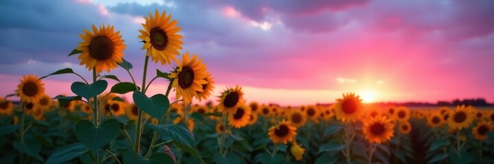 Fototapeta premium Soft pink hues illuminate tall sunflower stalks against a backdrop of deepening blue sky, nature, fields, missouri