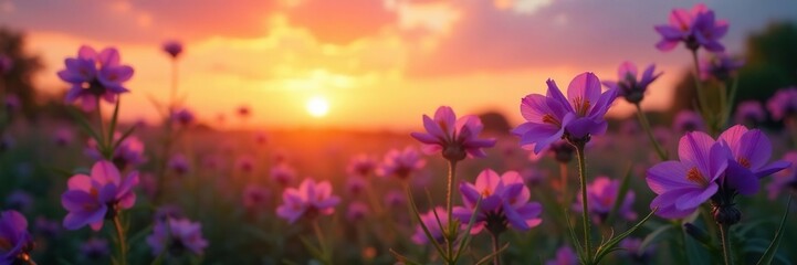 Fototapeta premium Sunset background with purple flowers swaying in the breeze, garden,