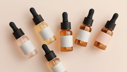 Obraz premium Several amber and clear glass dropper bottles with blank labels