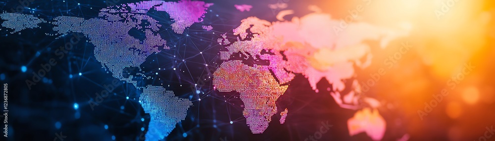Poster vibrant world map with digital patterns.