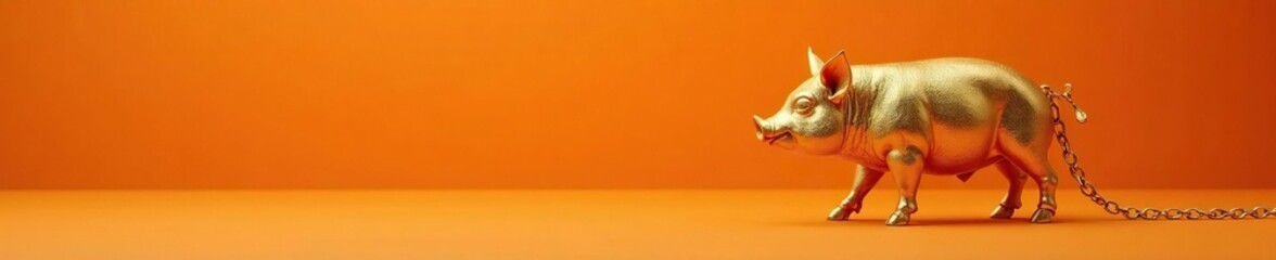 Obraz premium Orange gold background with a gleaming golden pig and its delicate golden chain, golden pig, luxurious decor, decorative art