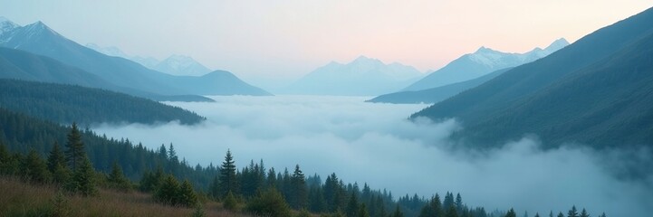 Obraz premium Rolling foggy mist creeps over vast Yukon landscape, fog, mist