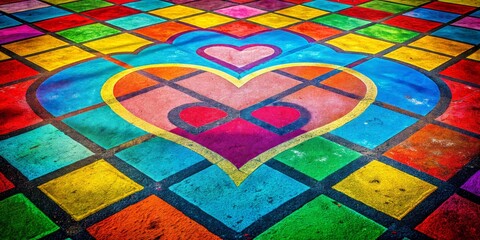 Fototapeta premium Vibrant Heart Design on Colorful Mosaic Floor Artwork