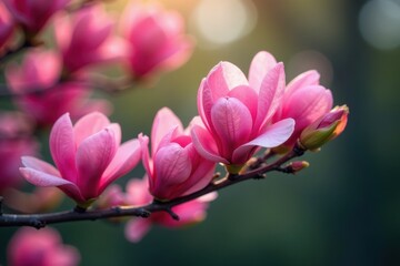A lush branch of vibrant pink magnolia flowers in full bloom , abundant, macro