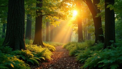Obraz premium A peaceful forest glade with amber-colored leaves and ferns in the soft light of sunset, calm, green